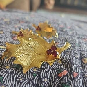 Gold Leaf Brooch with Red Accents
